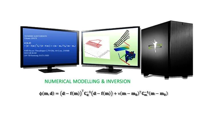 MGT illustration of two computer monitors displaying numerical inversion and three-dimensional geophysical models.