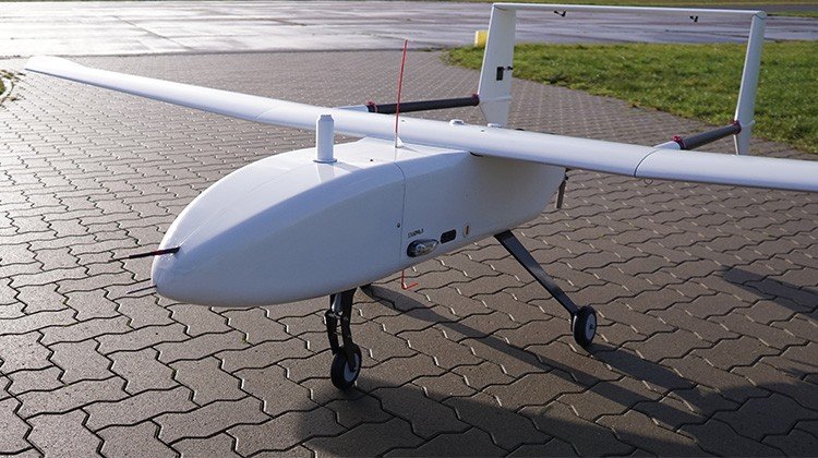 MGT fixed-wing UAV on the ground showing its airframe and landing gear